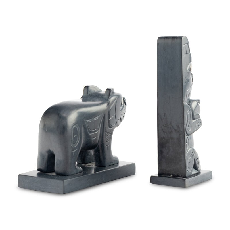 Glen Pollard (Haida, b. 1957) Argillite Bear AND Model Totem - 3