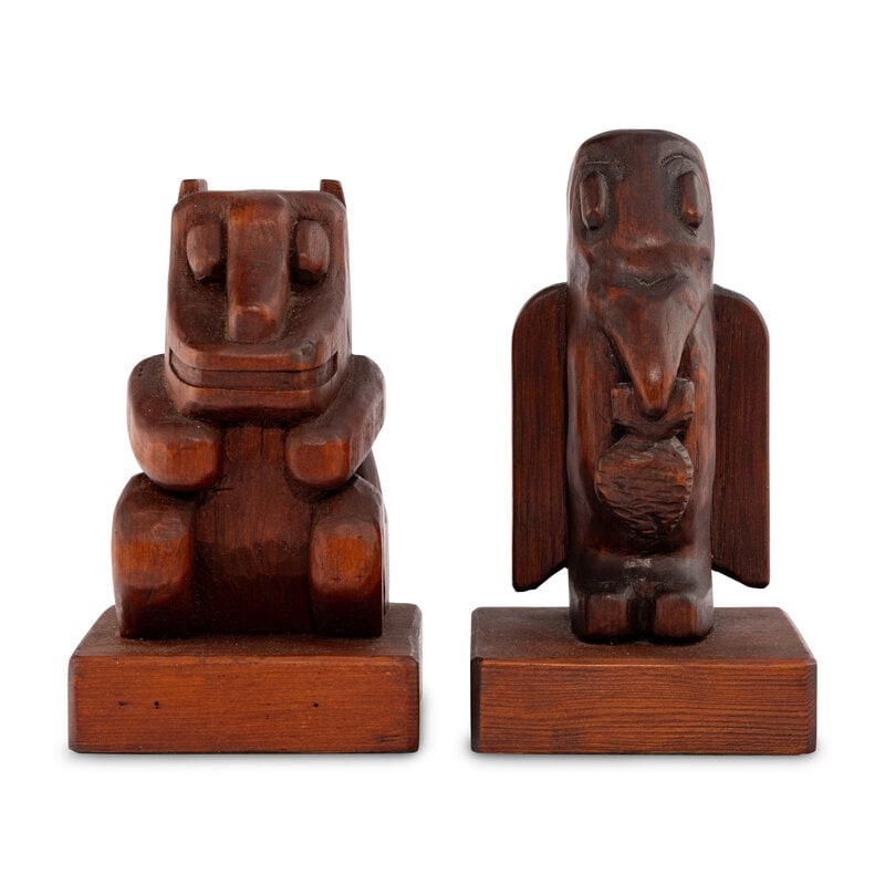 Decorative Northwest Coast-style Carved Wood Bookends - 2