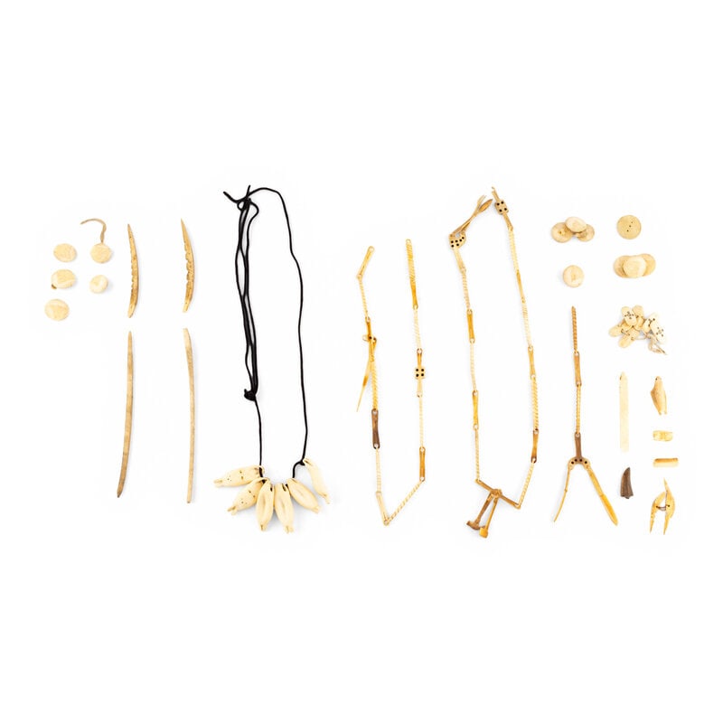 Alaskan Native Buttons, Netting Deedles, and Sailor Art: Alaskan Native Buttons, Netting Deedles, and Sailor Art ca 1900 lot of 36, includes:13 round buttons, six seal buttons, and six rectangular buttons with dot and circle motifs