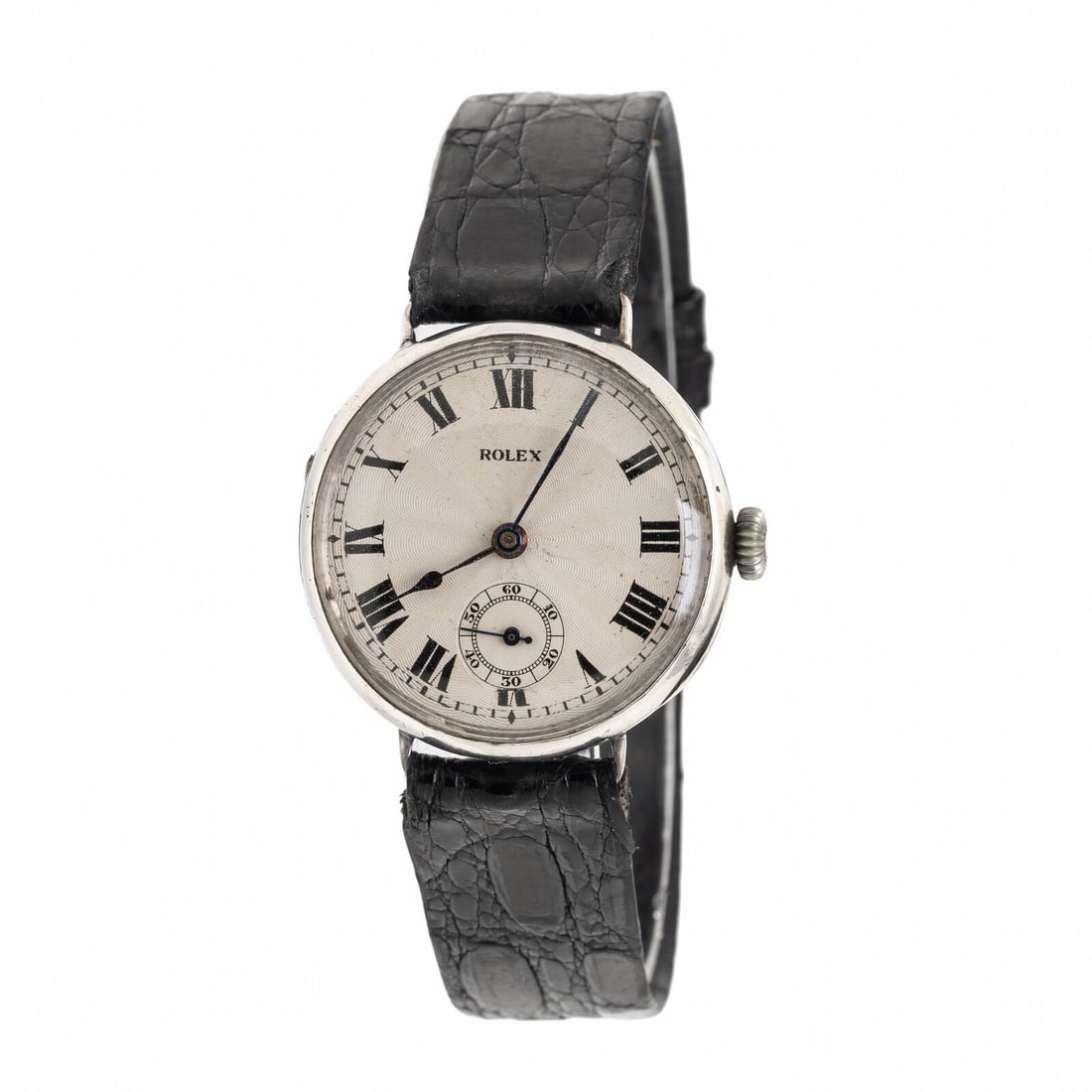 Rolex, Sterling Silver WWII 'Trench' Watch, with hinged Officer's Case Back: Rolex, Sterling Silver WWII 'Trench' Watch, with hinged Officer's Case BackMaker: RolexSerial number: 64927Year: Circa 1938Case size: Approx. 29 mmCase material: Sterling silverDial: Silvered romanMov