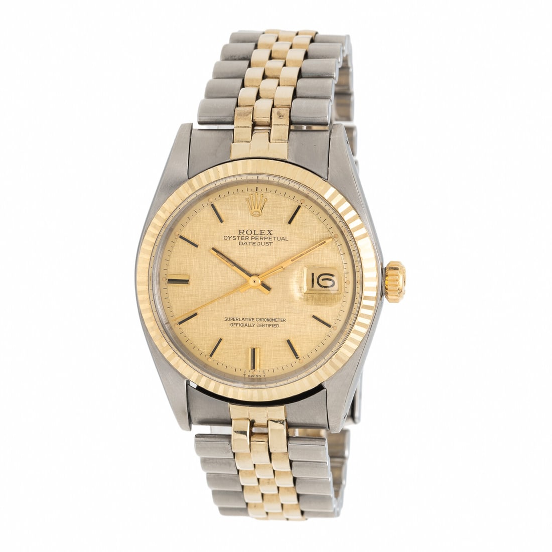 Rolex, Ref. 1601, Stainless Steel and 14K Yellow Gold 'Linen Dial' 'Datejust' Watch: Rolex, Ref. 1601, Stainless Steel and 14K Yellow Gold 'Linen Dial' 'Datejust' WatchMaker: RolexModel: DatejustReference number: 1601Serial number: 3195118Year: Circa 1972Case size: Approx. 36 mmCase m