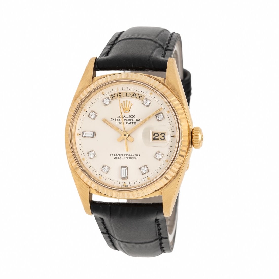 Rolex, Ref. 1803, 18K Yellow Gold 'Day-Date' with Factory Diamond Dial: Rolex, Ref. 1803, 18K Yellow Gold 'Day-Date' with Factory Diamond Dial Maker: Rolex Model: Day-Date Reference number: 1803 Serial number: 2649975 Year: Circa 1971 Case size: Approx. 36 mm Case materia