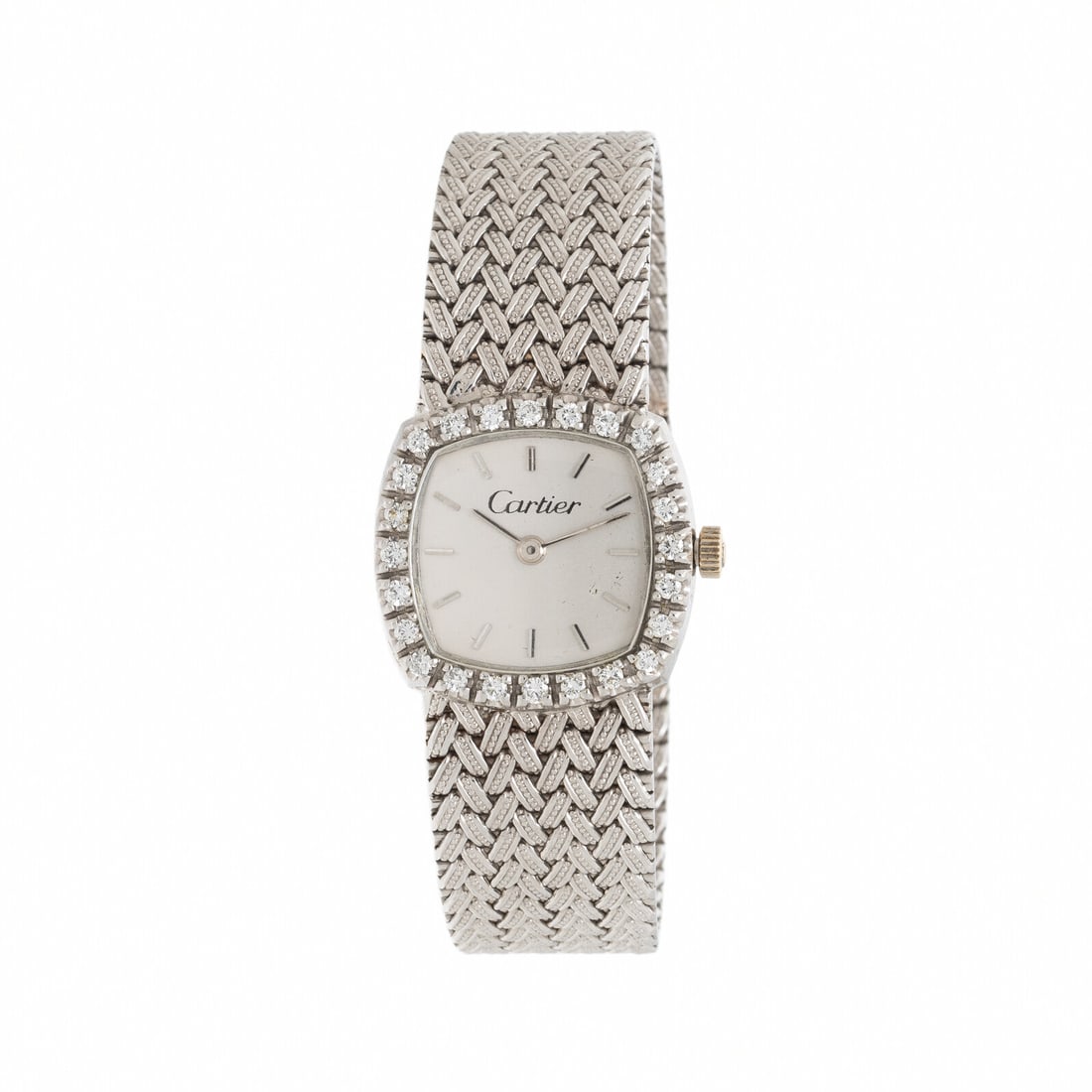 Cartier, 18K White Gold Watch with Diamond Bezel and Integrated Bracelet: Cartier, 18K White Gold Watch with Diamond Bezel and Integrated BraceletMaker: CartierCase number: 39228 81450 1170Year: Circa 1960sCase size: Approx. 22 mmCase material: 18K white goldBezel: Diamonds