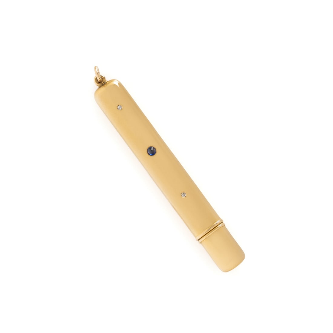 John Jacob Astor IV's Battin & Co., Yellow Gold, Diamond, and Sapphire Pencil Case: John Jacob Astor IV's Battin & Co., Yellow Gold, Diamond, and Sapphire Pencil CaseA yellow gold pencil case set with two old European cut diamonds and a round cabochon sapphire. Mounted in 14 kara