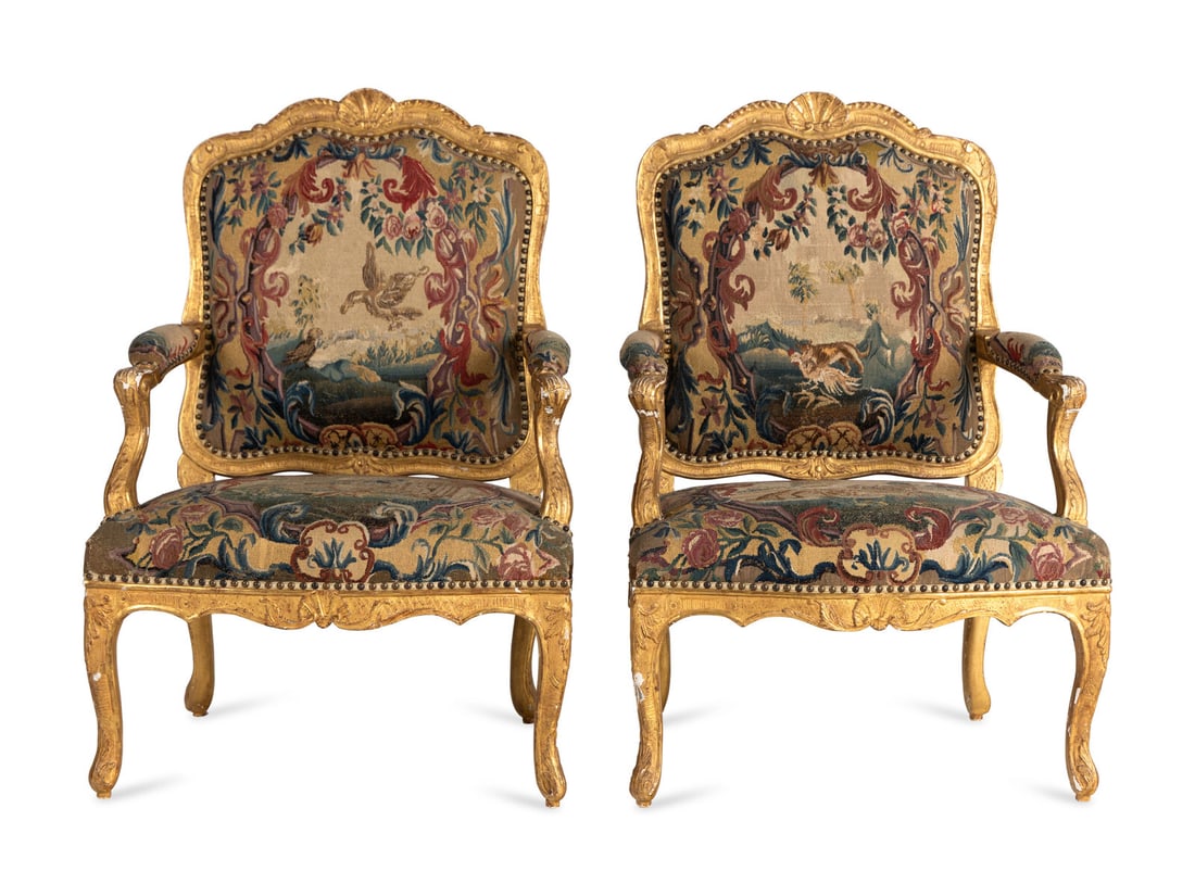 A Pair of Régence Tapestry-Upholstered Giltwood Fauteuils: A Pair of Régence Tapestry-Upholstered Giltwood Fauteuils First Half 18th Century Height 41 1/2 x width 29 x depth 29 inches. Property from the Wetherill Family Collection, Main Line, Philadelphi