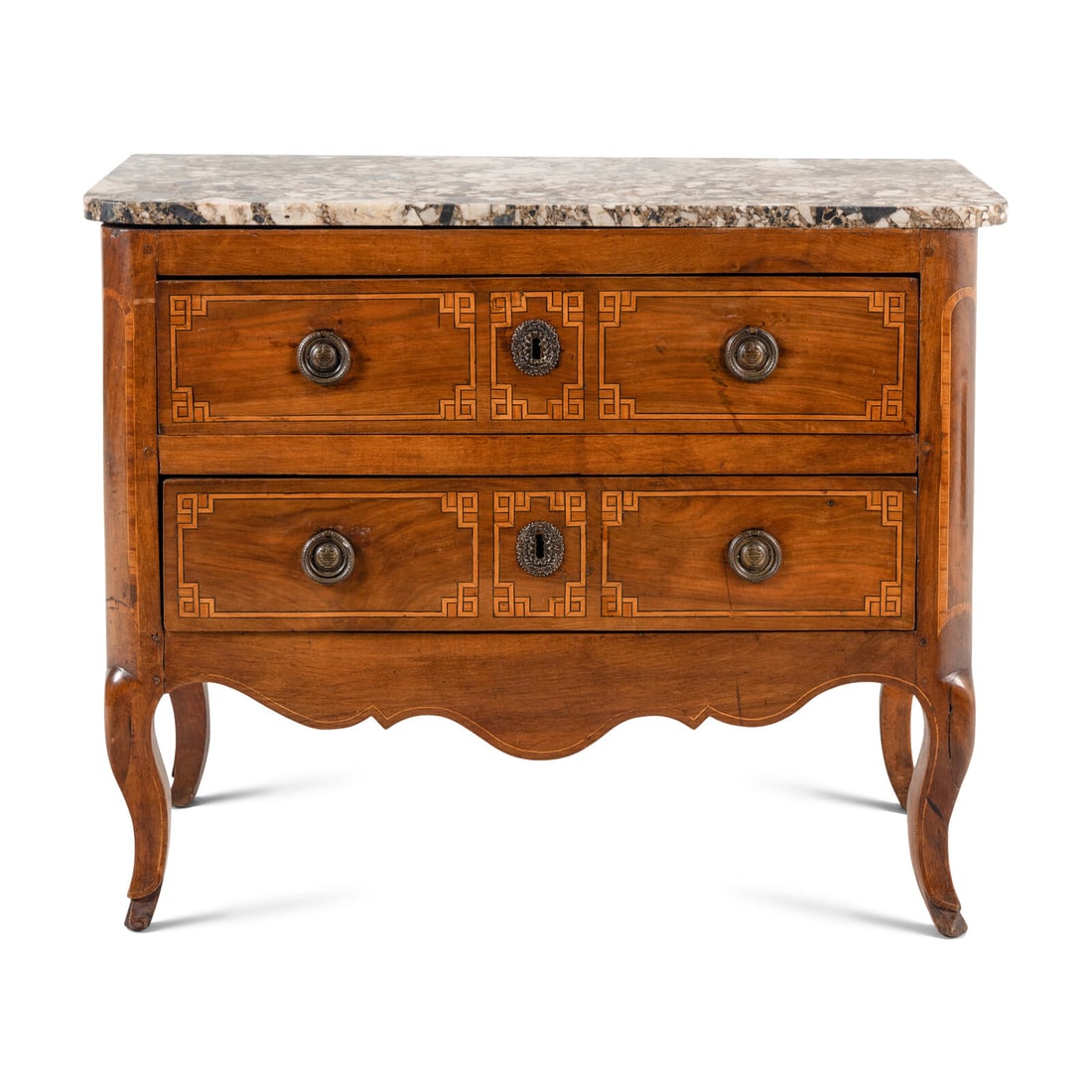A Louis XVI Walnut and Breccia Marble-Top Commode: A Louis XVI Walnut and Breccia Marble-Top Commode Fourth Quarter 18th Century Height 34 1/4 x width 42 x depth 22 1/4 inches. Property of a California Collector This lot is located in Chicago. Provena