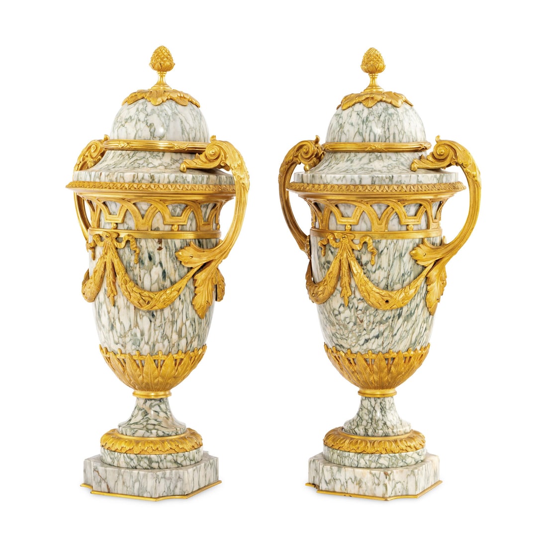 A Pair of Louis XVI Style Marble and Gilt Bronze Mounted Urns - 2