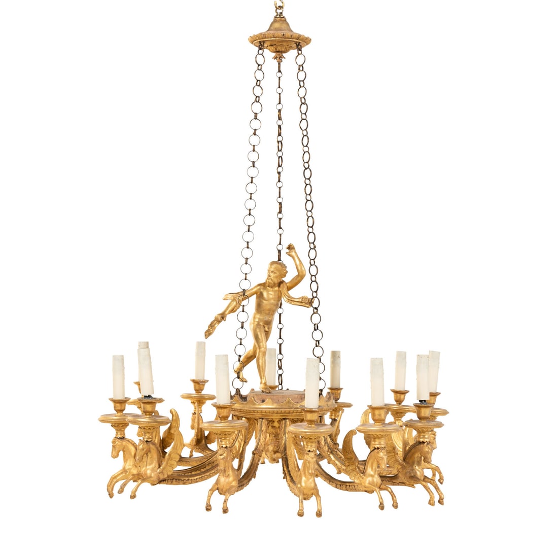 An Empire Giltwood Twelve-Light Chandelier: An Empire Giltwood Twelve-Light Chandelier Early 19th Century and Later each arm in the form of a mythical horse supporting the light, wired for electricity. Height 43 x diameter 33 inches. Property f