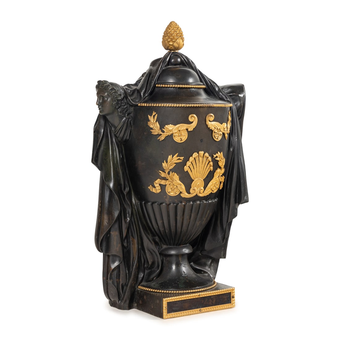 An Empire Style Gilt and Patinated Bronze Urn: An Empire Style Gilt and Patinated Bronze Urn 19th Century once wired for electricity. Height 25 x width 16 x depth 10 1/2 inches. Property of a California Collector This lot is located in Chicago.