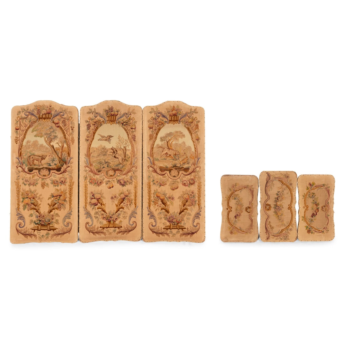 A Group of Six French Tapestry Panels: A Group of Six French Tapestry Panels 19th Century comprising a set of three larger examples and a set of three smaller examples. Height of larger 48 3/8 x width 21 1/4 inches. This lot is located in