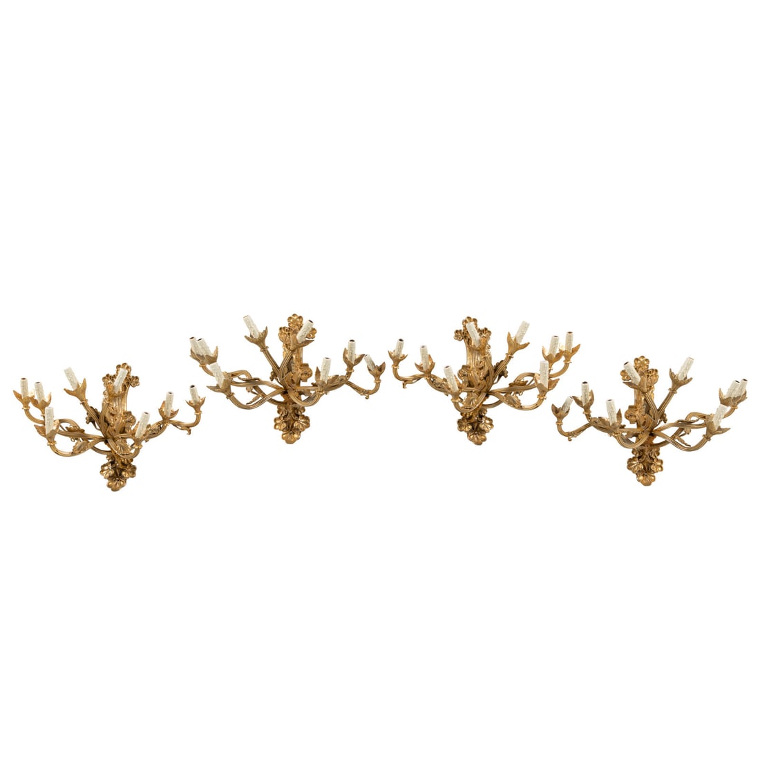 A Set of Four Belle Époque Style Gilt Bronze Eight-Light Sconces: A Set of Four Belle Époque Style Gilt Bronze Eight-Light Sconces 20th Century electrified. Height 23 x width 33 1/2 x depth 19 inches. Property of a California Collector This lot is located in Ch