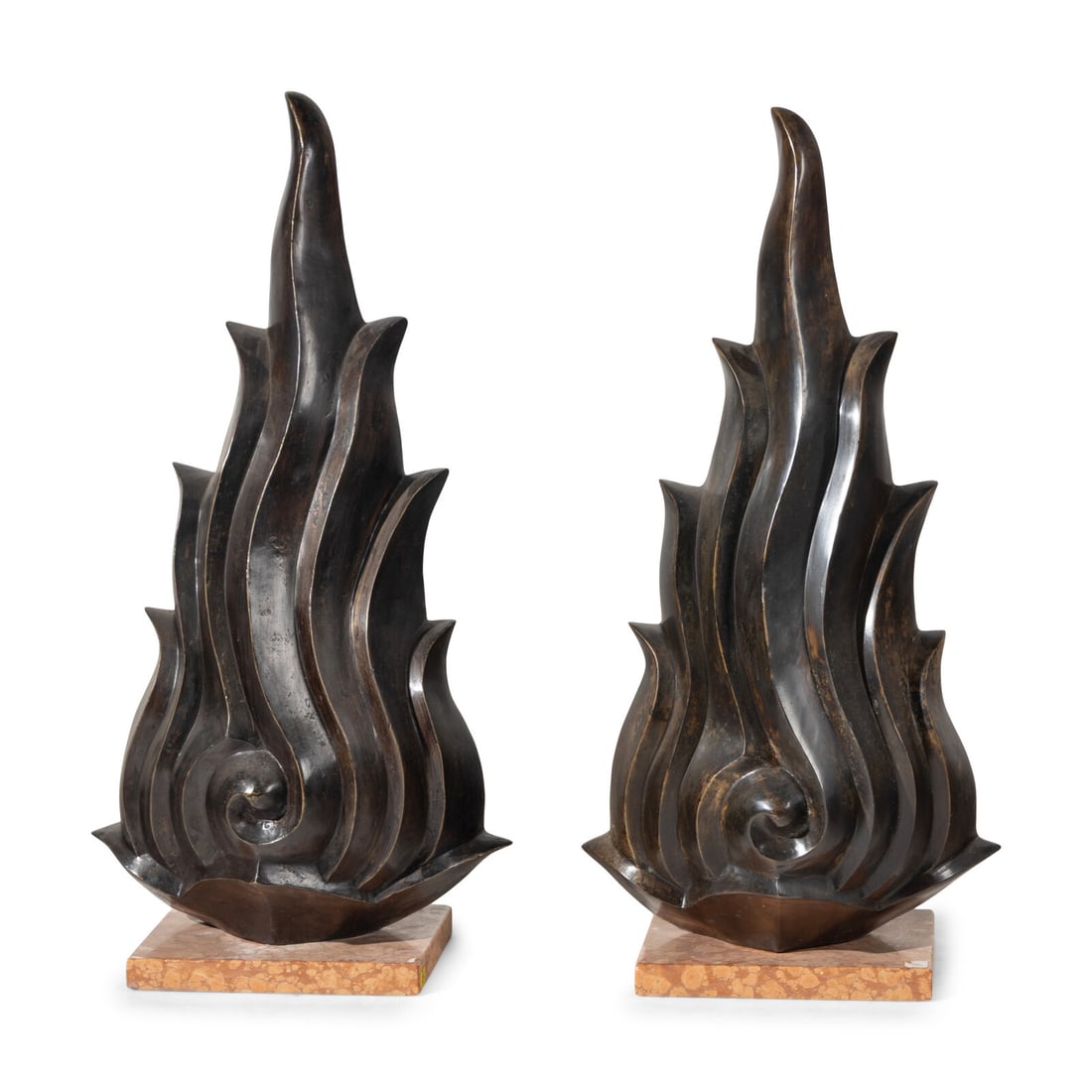 A Pair of Art Deco Patinated Bronze Flame-Form Ornaments: A Pair of Art Deco Patinated Bronze Flame-Form Ornaments Early 20th Century each raised on a marble base. Height overall 40 inches. Property of a California Collector This lot is located in Chicago. P