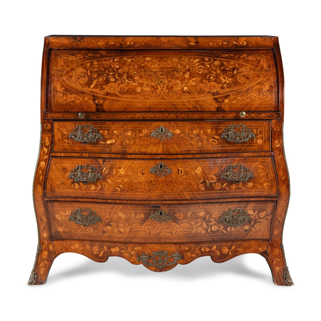 A Dutch Walnut and Marquetry Cylinder Bureau: A Dutch Walnut and Marquetry Cylinder Bureau 19th Century Height 45 3/4 x width 48 x depth 23 inches. Property of a California Collector This lot is located in Chicago.