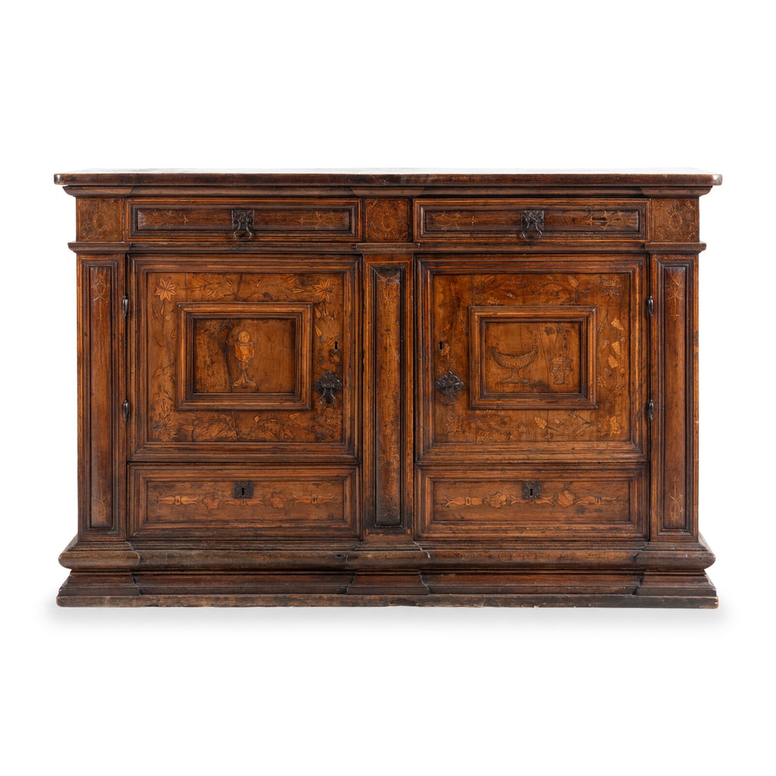 An Italian Baroque Walnut and Marquetry Cabinet: An Italian Baroque Walnut and Marquetry Cabinet 17th Century and Adapted Height 49 3/4 x width 75 1/2 x depth 24 1/2 inches. Property of a California Collector This lot is located in Chicago. Provenan
