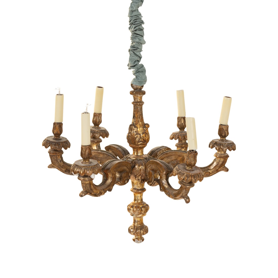 An Italian Giltwood Six-Light Chandelier: An Italian Giltwood Six-Light Chandelier 19th Century wired for electricity. Height 39 x diameter 25 inches. Property from the Wetherill Family Collection, Main Line, Philadelphia and Château de