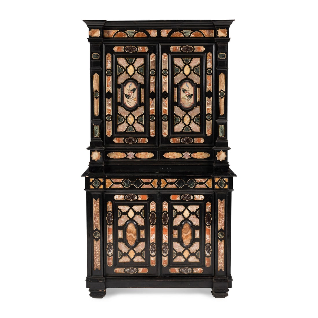 An Italian Baroque Style Ebonized, Specimen Marble-Inset and Parcel Gilt Collector's Cabinet: An Italian Baroque Style Ebonized, Specimen Marble-Inset and Parcel Gilt Collector's Cabinet 19th Century Height 77 x width 43 x depth 16 1/2 inches. Property of a California Collector This lot is loc