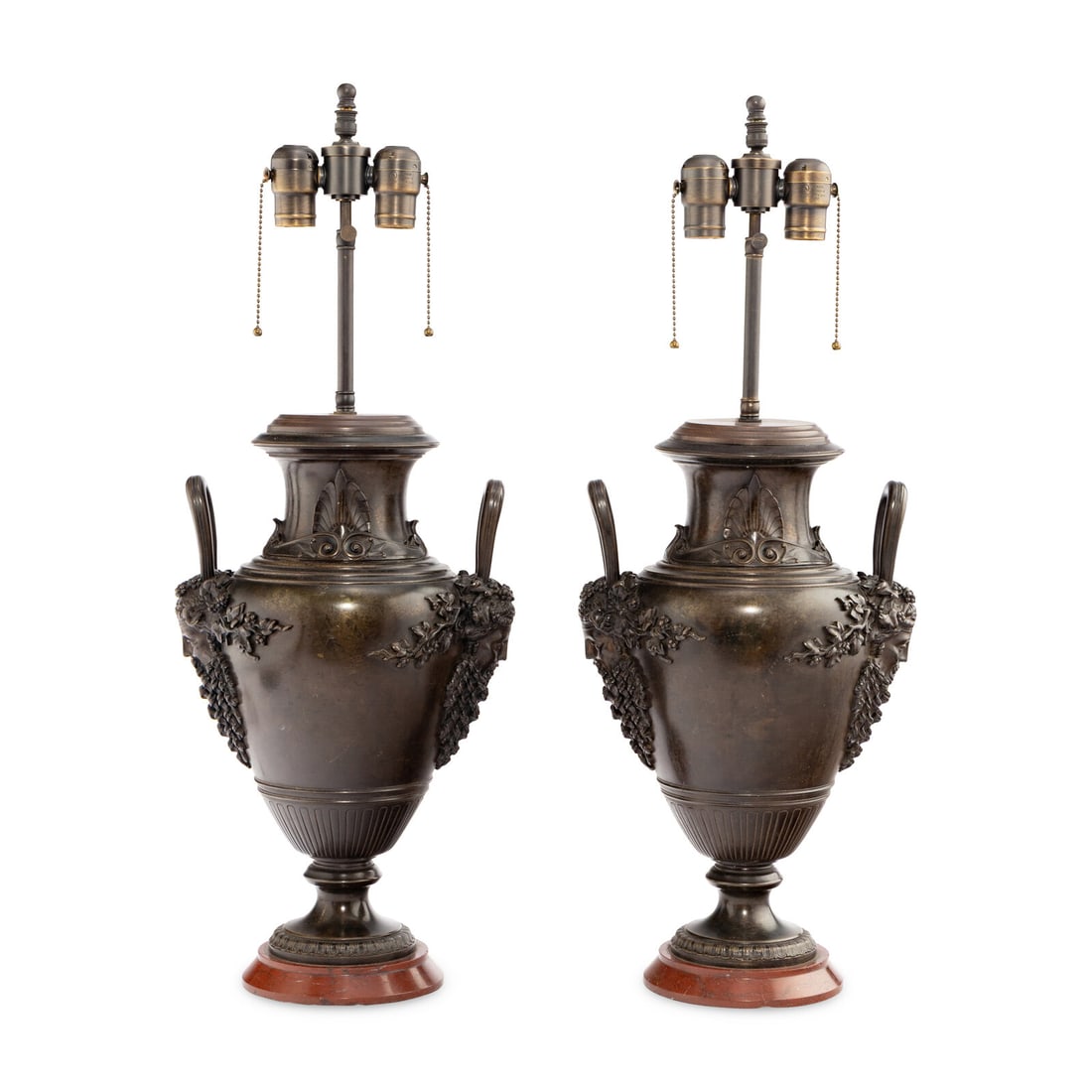 A Pair of Neoclassical Style Patinated Bronze and Rouge Griotte Marble Urns Mounted as Lamps (1 of 5)