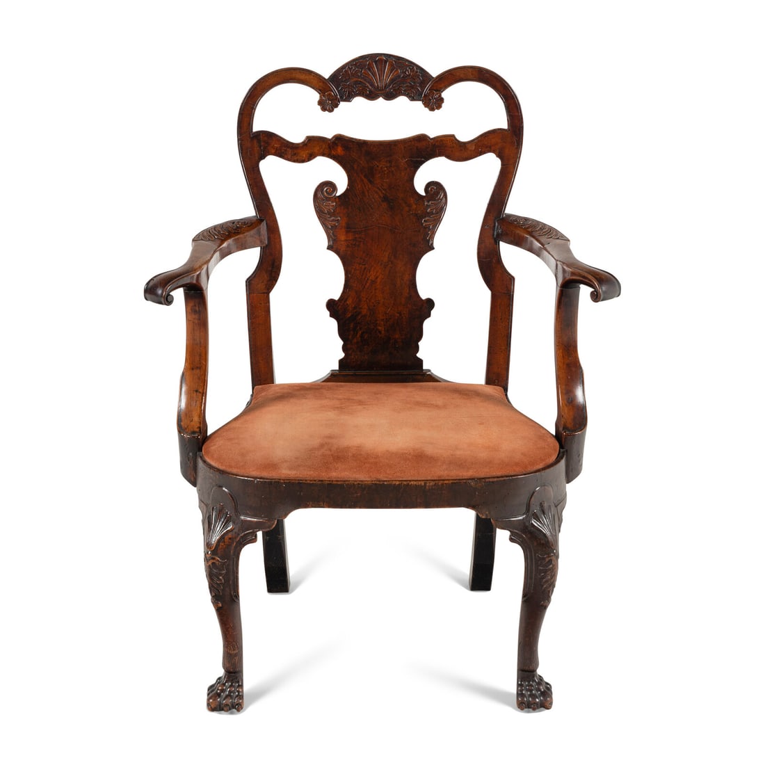 A George II/III Shell-Carved Oak and Walnut Armchair: A George II/III Shell-Carved Oak and Walnut Armchair 18th Century Height 39 1/2 x width 30 x depth 21 inches. Property from the Wetherill Family Collection, Main Line, Philadelphia and Château de