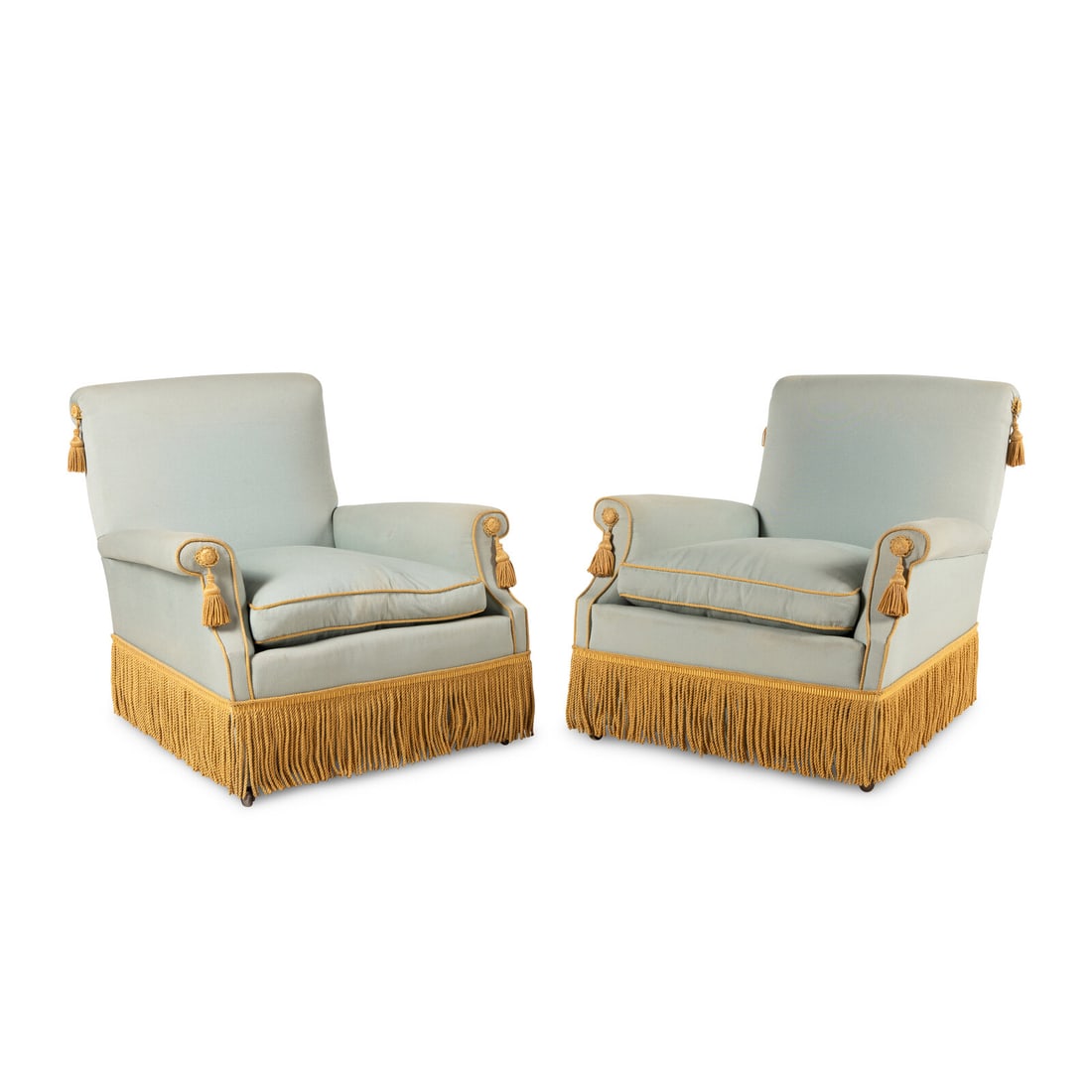 A Pair of Silk-Upholstered Easy Chairs with Buillon Fringe (1 of 3)
