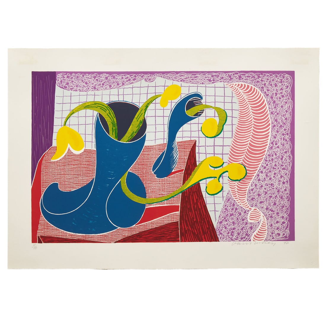 David Hockney (British, b. 1937) Four Flowers in Still Life, 1990: David Hockney (British, b. 1937) Four Flowers in Still Life, 1990 lithograph in colors on Arches paper signed, dated, and numbered 15/50 in pencil 20 7/8 x 32 inches. This lot is located in New York.