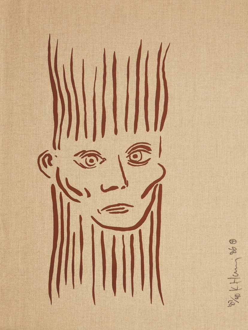 Keith Haring (American, 1958-1990) Portrait of Joseph Beuys, 1986: Keith Haring (American, 1958-1990) Portrait of Joseph Beuys, 1986 screenprint on canvas signed, dated, and numbered 87/90 in black felt-tip pen 31 1/2 x 23 1/2 inches. This lot is located in Philadelp