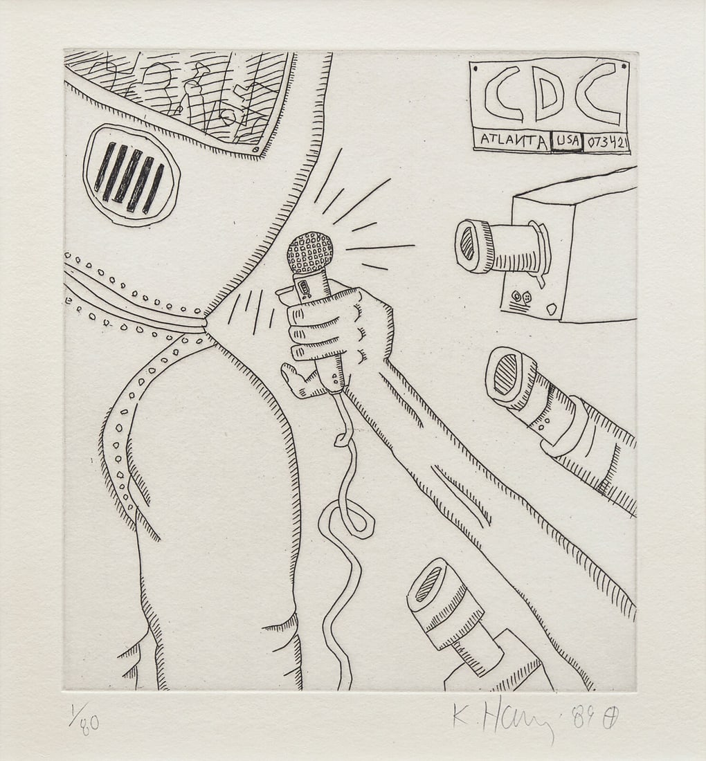 Keith Haring (American, 1958-1990) Untitled (from The Valley), 1989: Keith Haring (American, 1958-1990) Untitled (from The Valley), 1989 etching on Twinracker Handmade white wove paper signed, dated, and numbered 1/80 in pencil 9 7/8 x 8 7/8 inches. This lot is located