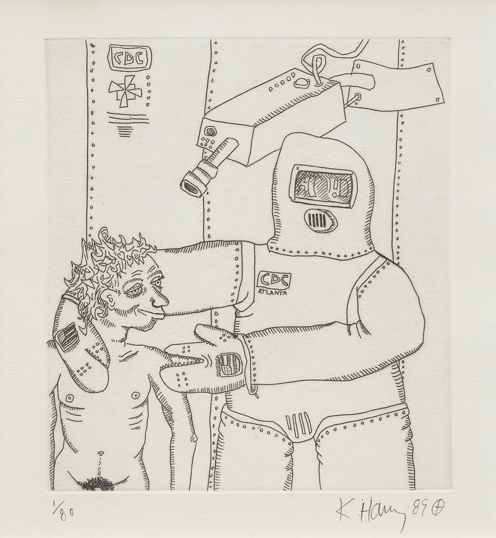 Keith Haring (American, 1958-1990) Untitled (from The Valley), 1989: Keith Haring (American, 1958-1990) Untitled (from The Valley), 1989 etching on Twinracker Handmade white wove paper signed, dated, and numbered 1/80 in pencil 9 7/8 x 8 7/8 inches. This lot is located