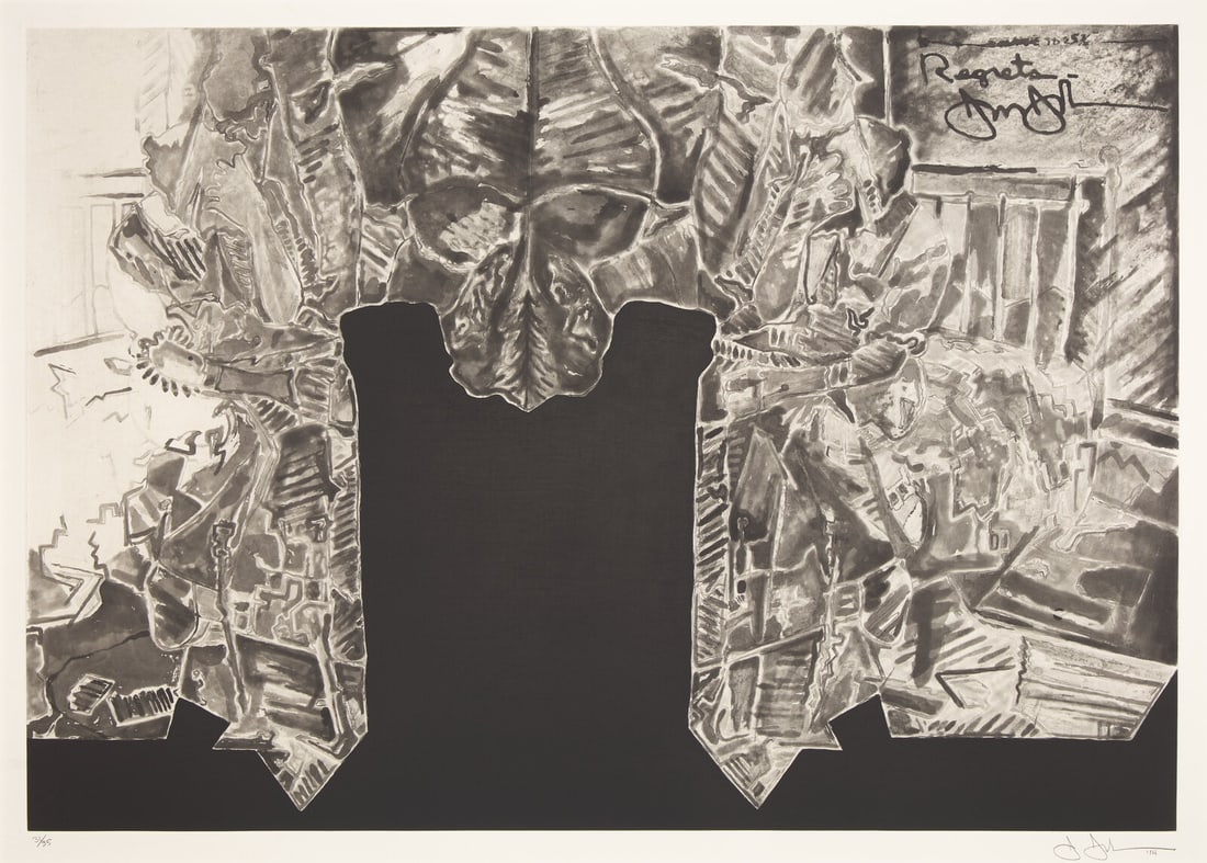 Jasper Johns (American, b. 1930) Regrets, 2014: Jasper Johns (American, b. 1930) Regrets, 2014 etching and aquatint with chine collé on Revere Standard White Suede paper signed, dated, and numbered 31/35 in pencil 20 7/8 x 29 7/8 inches. This