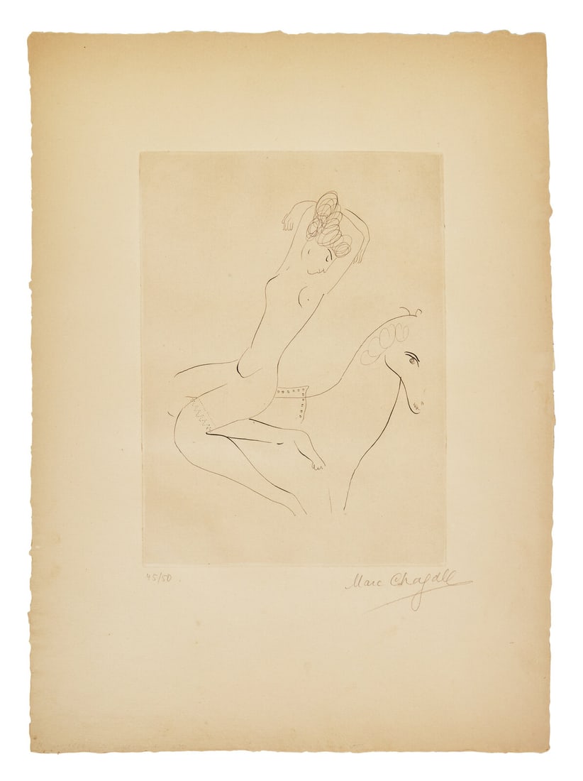 Marc Chagall (Belarusian/French, 1887-1985) L'écuyère, ca. 1926: Marc Chagall (Belarusian/French, 1887-1985) L'écuyère, ca. 1926 etching and drypoint on Vergé d'Auvergne Richard de Bas paper signed and numbered 45/50 in pencil 12 7/8 x 9 3/8 inches.