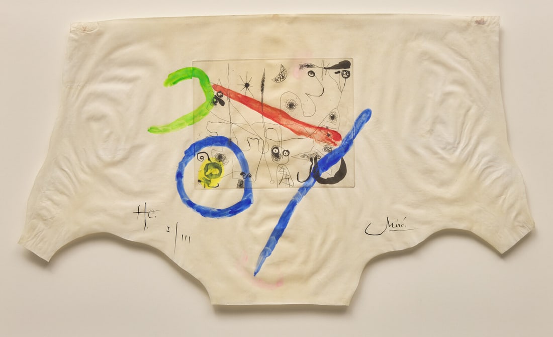 Joan Miró (Spanish, 1893-1983) Plate IV from Série III, 1952-53: Joan Miró (Spanish, 1893-1983) Plate IV from Série III, 1952-53 unique etching and aquatint with hand-coloring on vellum signed and inscribed H.C. I/III in ink 20 1/4 x 36 inches. This lot i