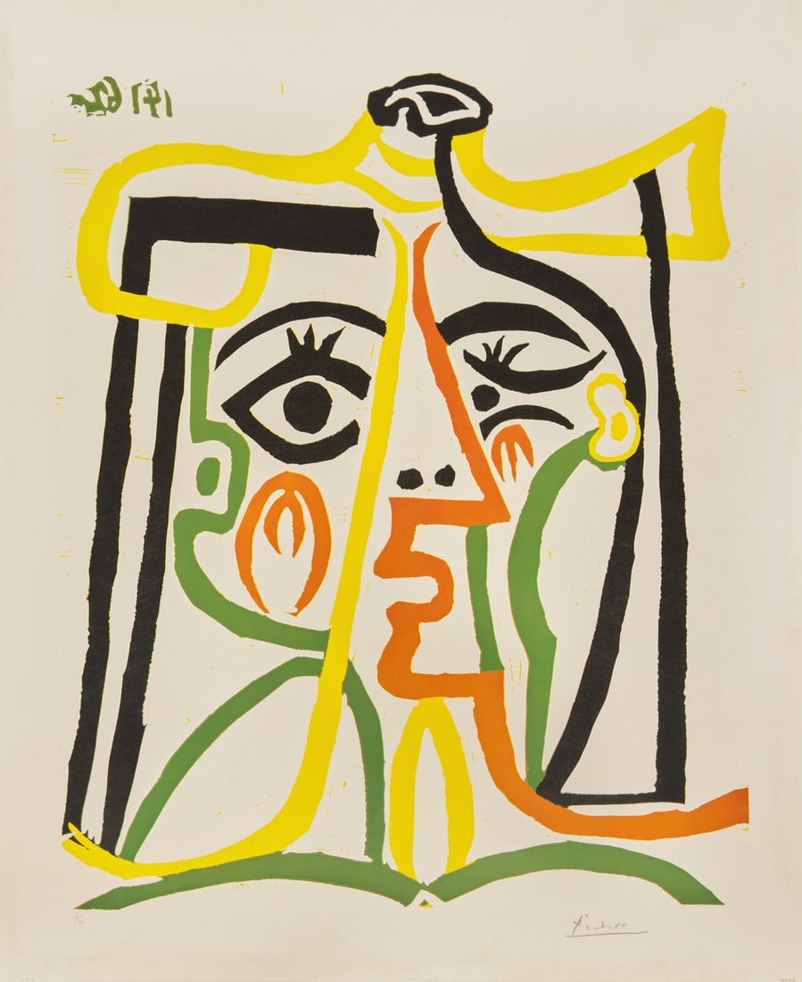 Pablo Picasso (Spanish, 1881–1973) Portrait de Jacqueline au chapeau de paille, 1962: Pablo Picasso (Spanish, 1881–1973) Portrait de Jacqueline au chapeau de paille, 1962 linocut in colors on Arches paper, with full margins signed and numbered 4/50 in pencil 25 1/8 x 20 3/4 inche