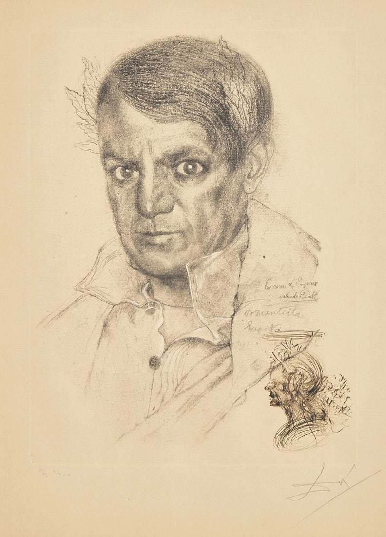 Salvador Dalí (Spanish, 1904–1989) Portrait of Picasso (Moi, aussi, j'ai connu: Salvador Dalí (Spanish, 1904–1989) Portrait of Picasso (Moi, aussi, j'ai connu l'empereur), 1970 lithograph with engraving on grey Richard de Bas paper signed and numbered A/B 4/200 in penc