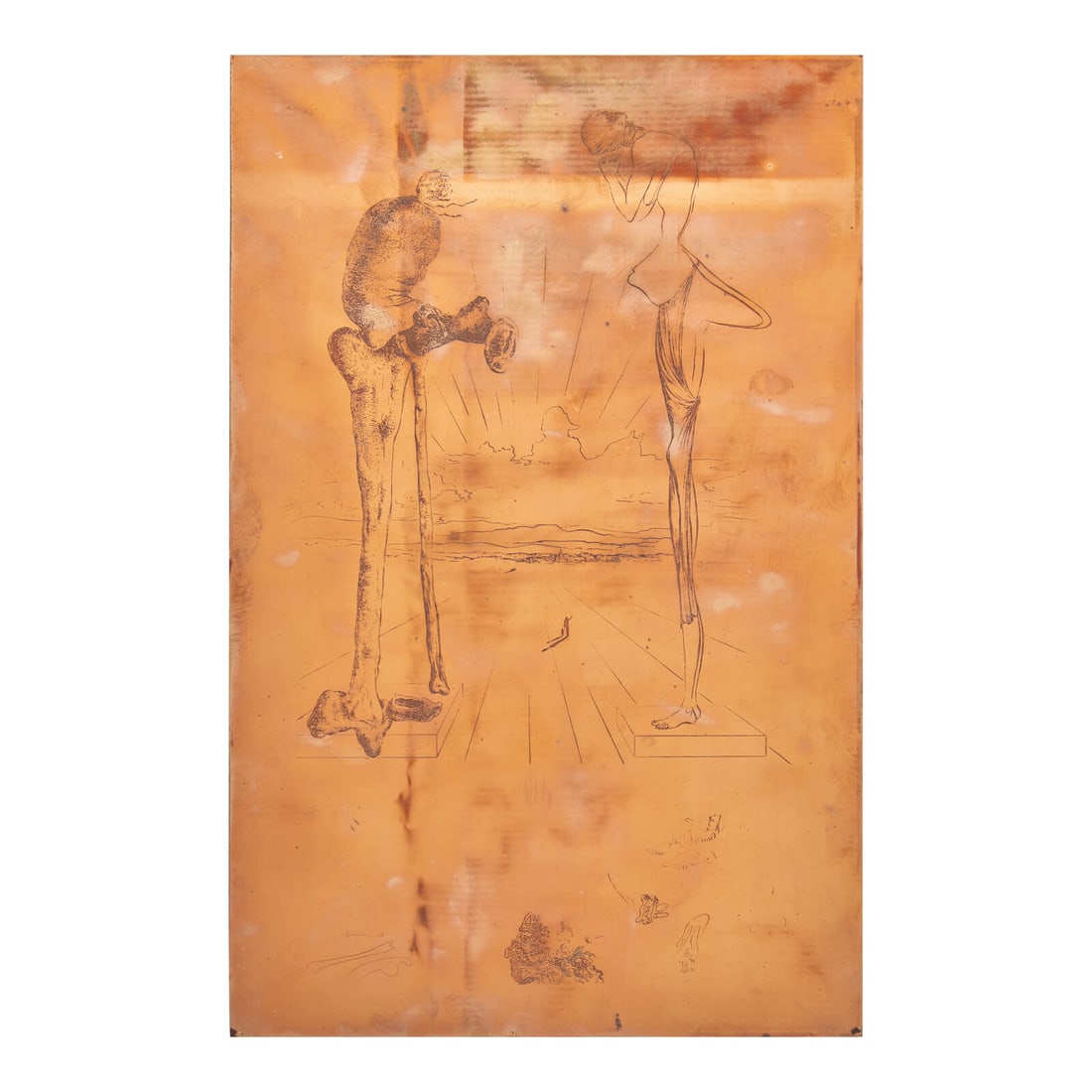 Salvador Dalí (Spanish, 1904–1989) Original Copper Plate for Les Chants de Maldoror, 1934: Salvador Dalí (Spanish, 1904–1989) Original Copper Plate for Les Chants de Maldoror, 1934 for the book engraving with artist's remarque 12 3/8 x 7 7/8 inches. This lot is located in New Yor