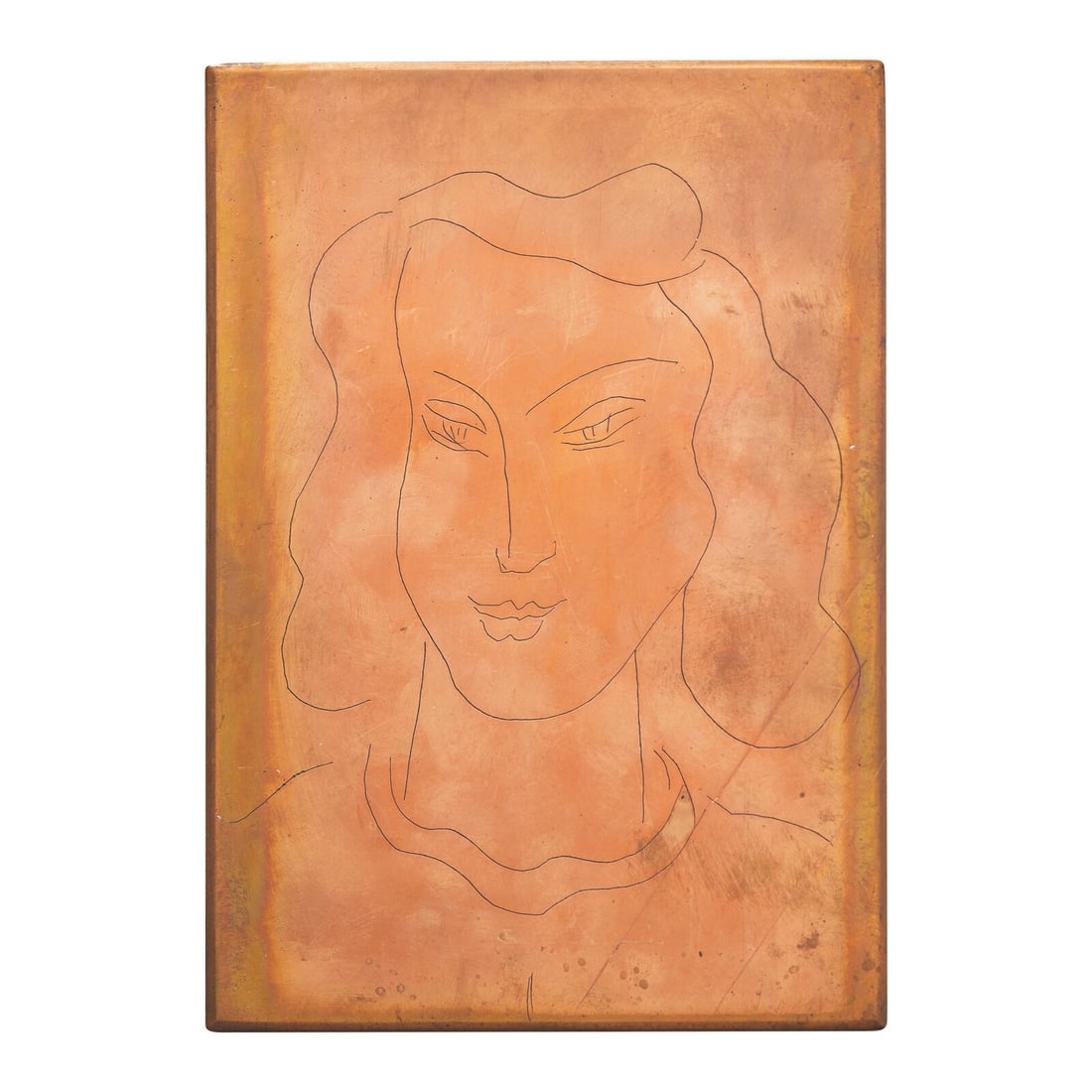 Henri Matisse (French, 1869–1954) Original Copper Plate for Visage aux Yeux fixés vers le: Henri Matisse (French, 1869–1954) Original Copper Plate for Visage aux Yeux fixés vers le Sol, 1946 with cancellation marks 7 7/8 x 5 1/2 inches. This lot is located in New York. Literature