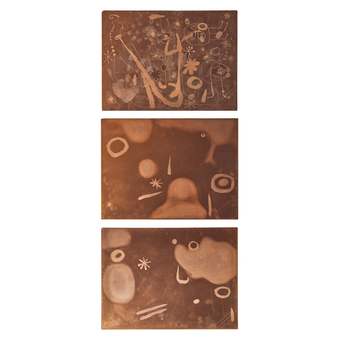 Joan Miró (Spanish, 1893–1983) Three original copper plates for La Main, 1947/1953: Joan Miró (Spanish, 1893–1983) Three original copper plates for La Main, 1947/1953 One used for the black ink; with cancellation marks One used for the green and blue ink; with cancellation