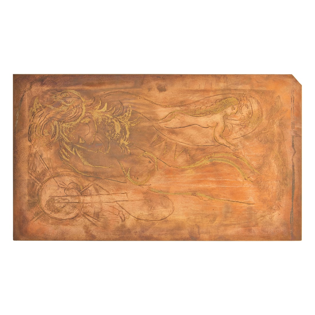 Marc Chagall (Belarusian/French, 1887–1985) Untitled (plate for L'amoureuse) 1954-55: Marc Chagall (Belarusian/French, 1887–1985) Untitled (plate for L'amoureuse) 1954-55 etched copper plate with cancellation 15 3/4 x 9 inches. This lot is located in New York. Literature: Kornfel