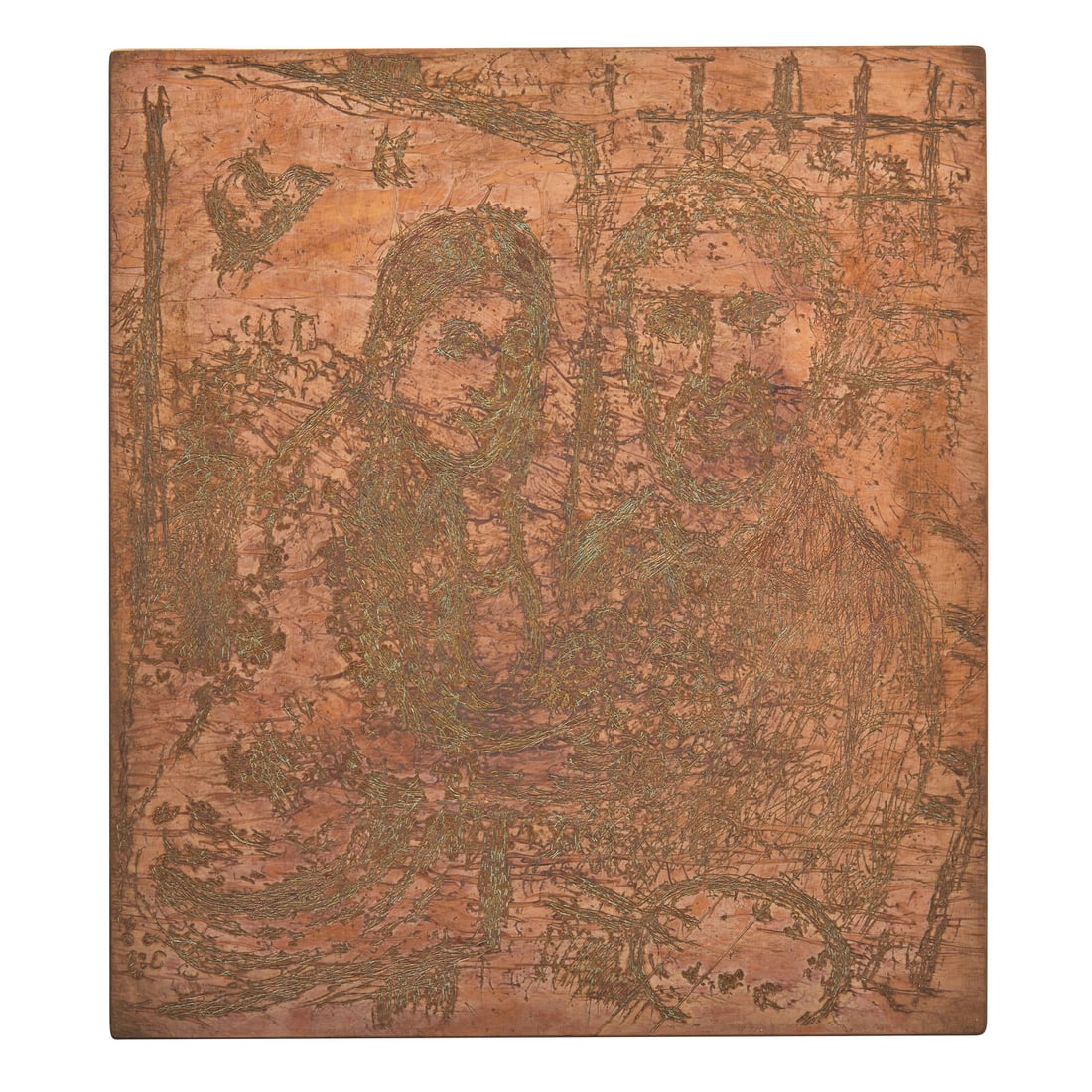 Marc Chagall (Belarusian/French, 1887–1985) Original Copper Plate for Le Peintre au Chevalet,: Marc Chagall (Belarusian/French, 1887–1985) Original Copper Plate for Le Peintre au Chevalet, 1980 with cancellation marks 12 5/8 x 11 1/8 inches. This lot is located in New York. Literature: Cr