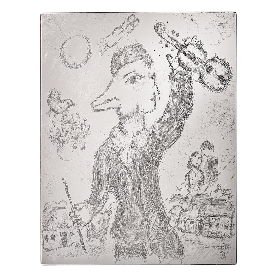 Marc Chagall (Belarusian/French, 1887–1985) Original Copper Plate for Le Violoniste (from: Marc Chagall (Belarusian/French, 1887–1985) Original Copper Plate for Le Violoniste (from Songes), 1981 with cancellation marks; steel-faced 12 1/4 x 9 1/2 inches. This lot is located in New Yor