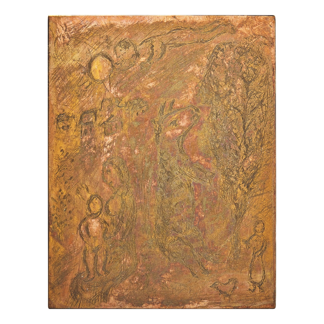Marc Chagall (Belarusian/French, 1887–1985) Original Copper Plate for La Vie (from Songes),: Marc Chagall (Belarusian/French, 1887–1985) Original Copper Plate for La Vie (from Songes), 1981 12 1/4 x 9 1/2 inches. This lot is located in New York. Literature: Cramer 112