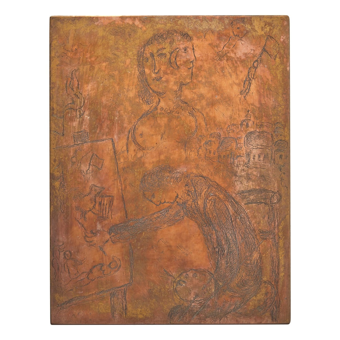 Marc Chagall (Belarusian/French, 1887–1985) Original Copper Plate for Le Peintre (from: Marc Chagall (Belarusian/French, 1887–1985) Original Copper Plate for Le Peintre (from Songes), 1981 with cancellation marks 12 1/8 x 9 1/2 inches. This lot is located in New York. Literature: C