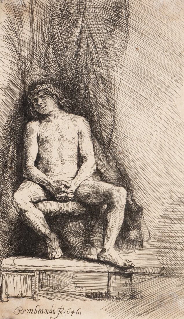 Rembrandt van Rijn (Dutch, 1606-1669) Nude Man Seated Before a Curtain, 1646 (1 of 3)