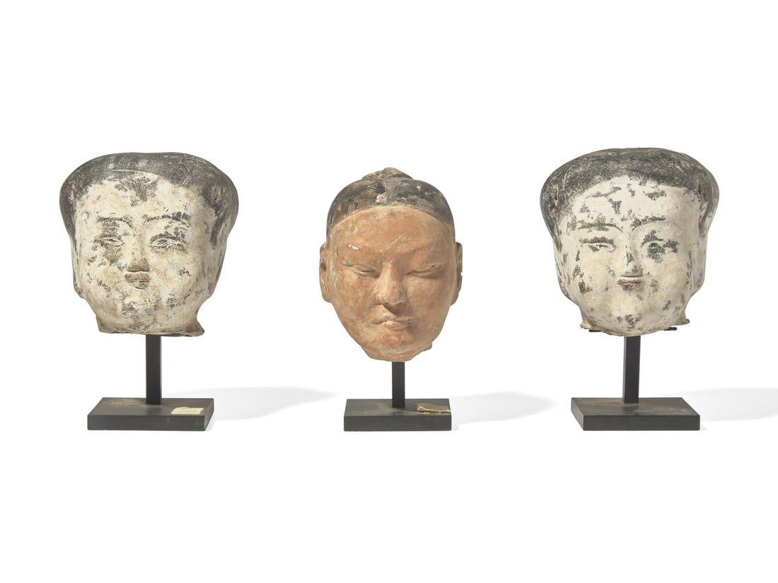 Three Chinese Painted Pottery Heads, Han Dynasty 漢 彩繪陶俑頭 (1 of 2)