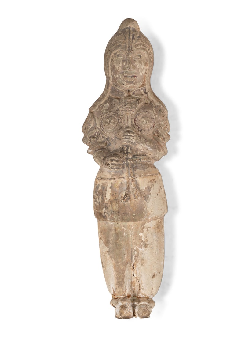 A Chinese Pottery Figure of a Warrior, Possibly Tang 或爲唐 陶將: A Chinese Pottery Figure of a Warrior, Possibly Tang 或爲唐 陶將軍俑 Height 15 1/2 in., 39.4 cm. Property from a California Private Collection This lot is loc