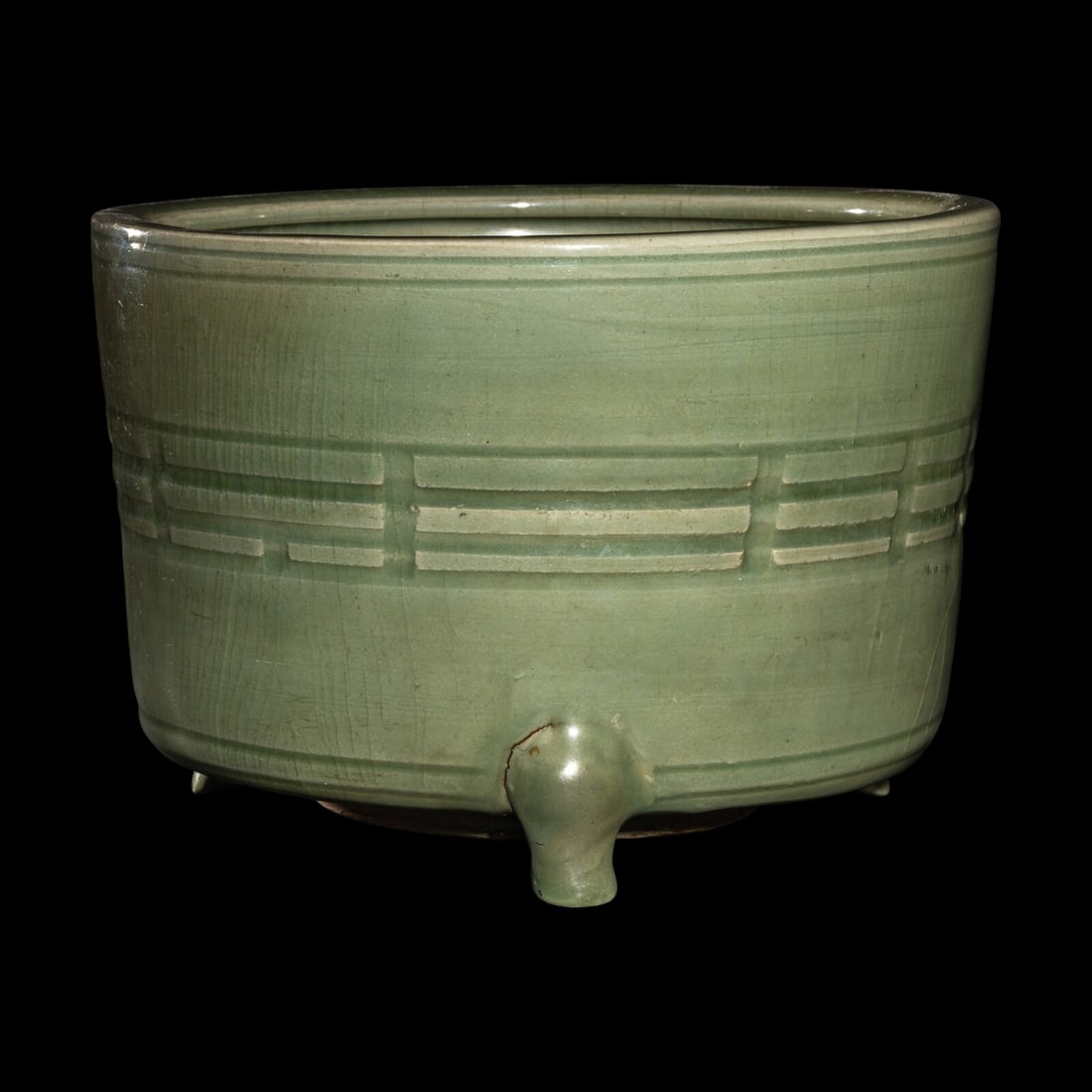A Large Chinese Molded Longquan Celadon Glazed Porcelain Censer, Ming Dynasty 明 龍 (1 of 4)