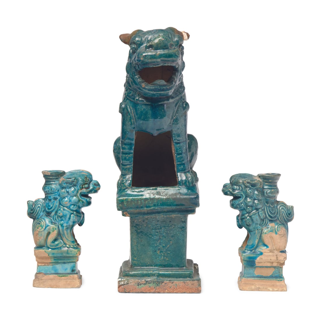 Three Chinese Turquoise Glazed Figures of Fu Lions, Ming Dynasty 明 藍琉璃 (1 of 2)