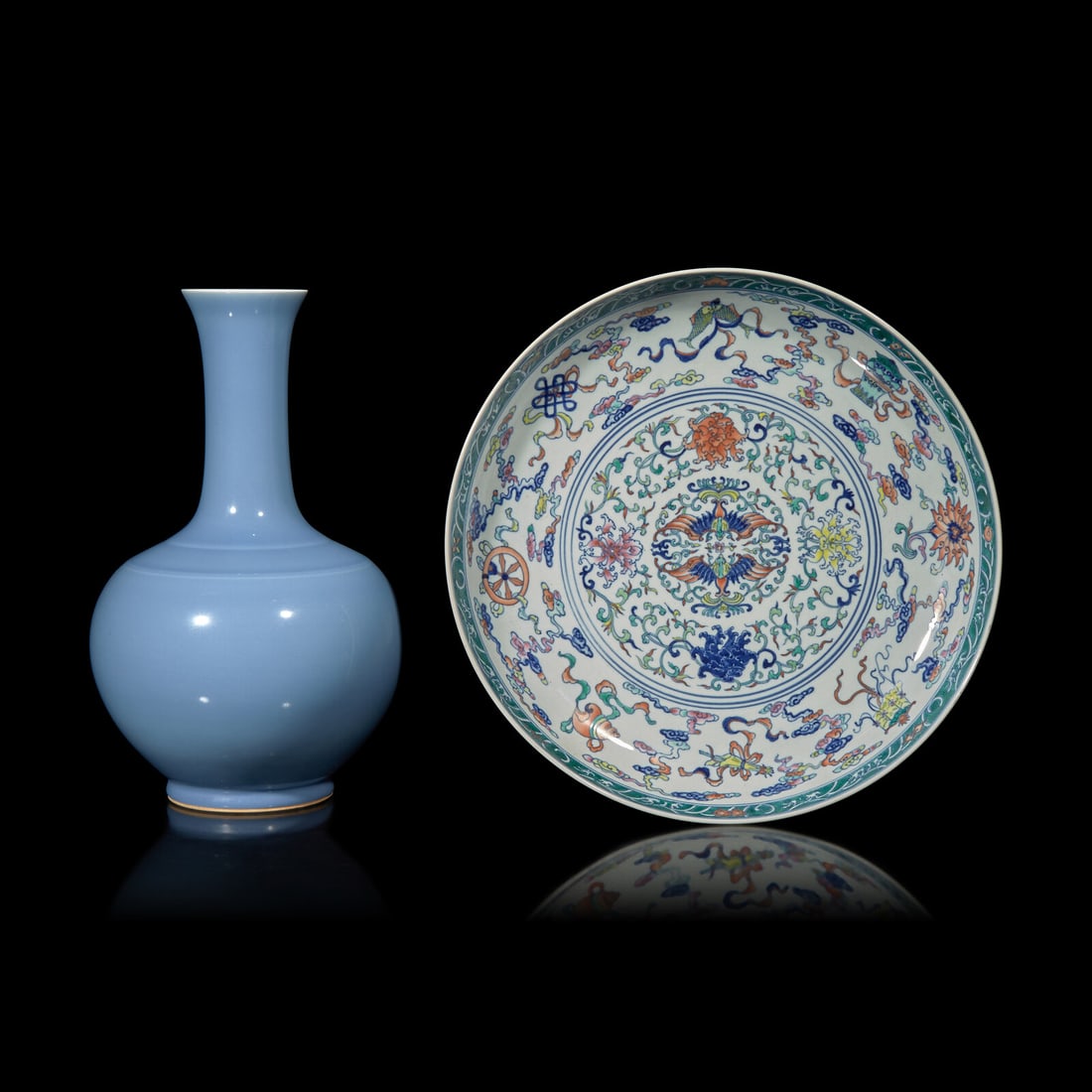 A Large Chinese Doucai Decorated Dish and a Clair de Lune Glazed Vase 斗彩八 (1 of 3)