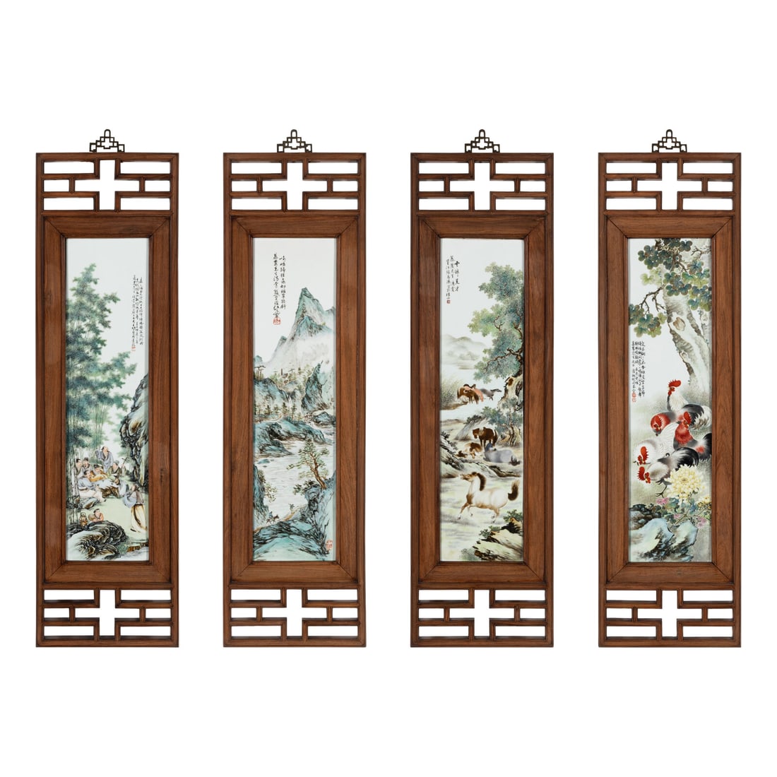 A Set of Four Chinese Famille Rose Porcelain Inset Hardwood-Framed Hanging Screens, 20th Century (1 of 15)