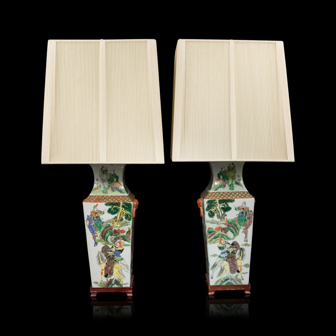 A Pair of Chinese Famille Verte Porcelain Vases, 19th Century 清晚期 五: A Pair of Chinese Famille Verte Porcelain Vases, 19th Century 清晚期 五彩人物故事圖方瓶一對 19th Century Mounted as