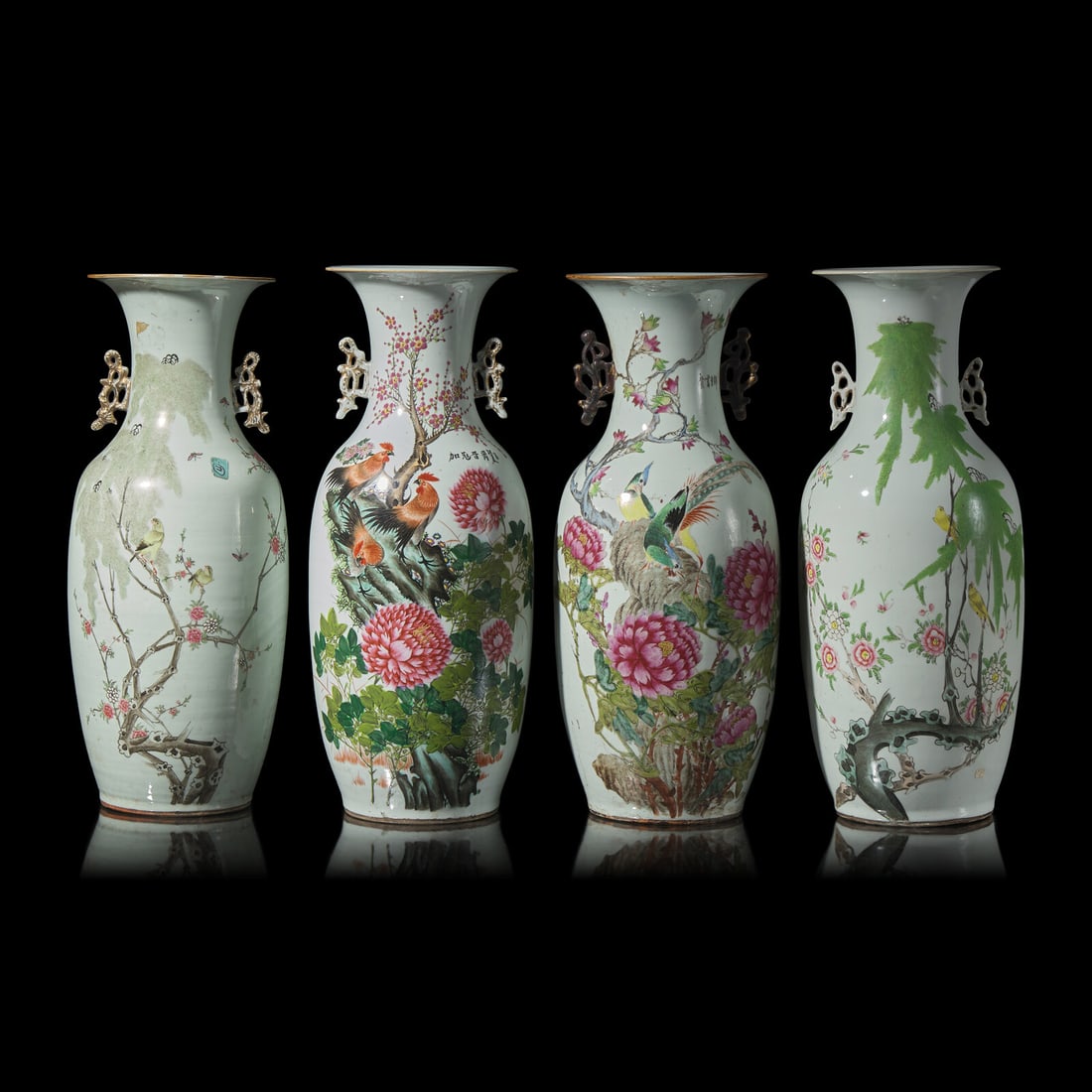 Four Chinese Famille Rose Porcelain 'Bird and Flower' Vases 粉彩花鳥圖: Four Chinese Famille Rose Porcelain 'Bird and Flower' Vases 粉彩花鳥圖賞瓶四件 The group composed of four vases painted with birds amidst flora, a