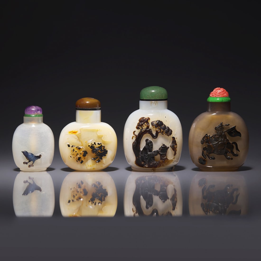 Four Carved Shadow Agate Snuff Bottles 瑪瑙巧雕鼻烟壺 (1 of 2)